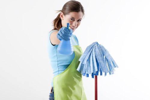 Cleaning lady in London preparing a tidy living room