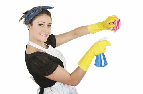 Professional domestic cleaner organizing a London apartment