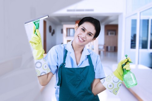 Domestic cleaner working in a modern London kitchen and living area