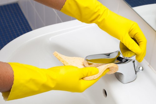 Cleaner using safe equipment during a routine house clean